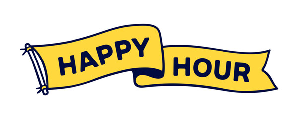 Flag ribbon template. Vintage ribbon flag, text Happy Hour. Graphic retro flag, ribbon, poster banner. Retro style, coffee shop for cafe, bar, restaurant, food menu. Vector Illustration