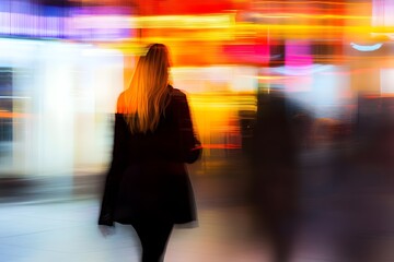 Abstract City Lights  Woman Walking  Motion Blur  Nightlife