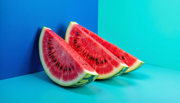 Watermelon Wedges on Blue and Aqua Background for Summer Themes