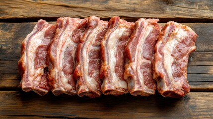 Fototapeta premium Freshly butchered pork ribs displayed in an industrial meat processing facility