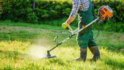  Gardener cutting grass with string trimmer in garden on sunny day 