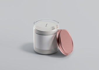 White Scented Candle in Glass Jar with Rose Gold Lid on Gray Background