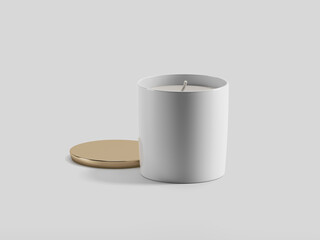 White Scented Candle in Ceramic Jar with Wooden Lid on Gray Background