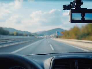 Highway Journey: A Driver's Perspective on the Open Road with Dashcam Recording the Scenic Route and Mountain Views Ahead