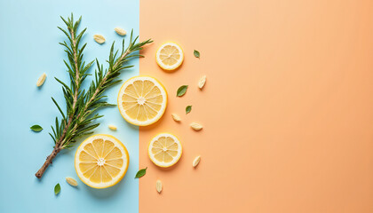 Rosemary and seeds on colorful background for culinary and wellness content