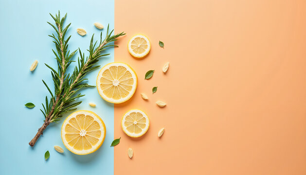 Rosemary and seeds on colorful background for culinary and wellness content