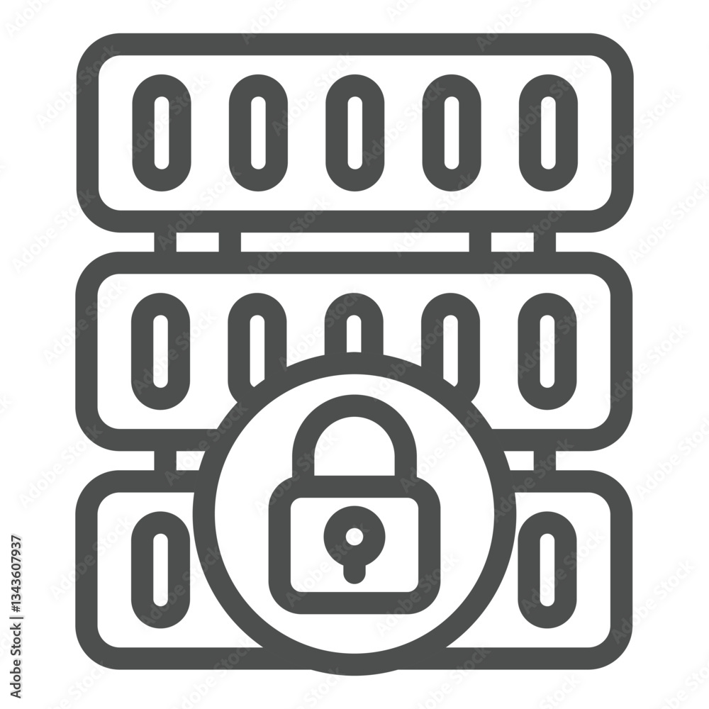 Poster locked disk storage array line icon, data hoarding concept. vector graphics. hard disks with lock si