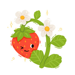 Cute kawaii red strawberry character with smiling face on stem with leaves and flowers. Hand drawn vector illustration for children books.