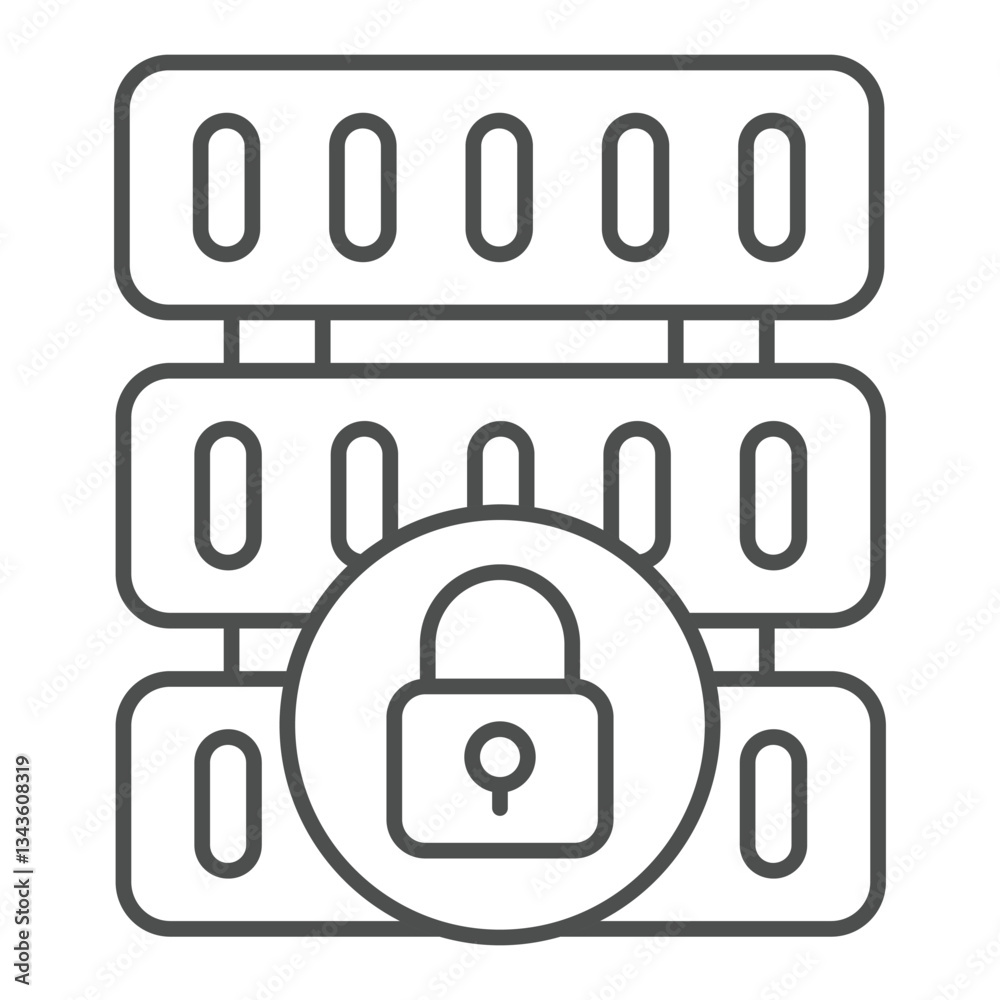 Poster locked disk storage array thin line icon, data hoarding concept. vector graphics. hard disks with lo