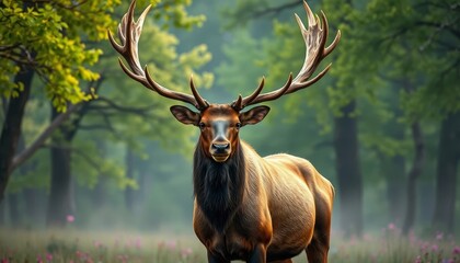 Fototapeta premium Majestic Elk Bull in a Misty Forest Meadow, a Symbol of Untamed Wilderness and Natural Beauty