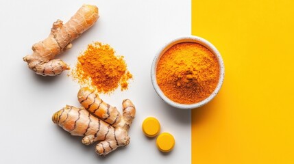 Turmeric capsules neatly arranged on a minimalistic white and yellow background