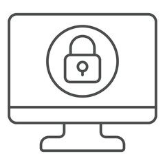 Monitor with lock thin line icon, data protection concept. Vector graphics. Display, desktop with locked screen sign on white background, outline style icon for mobile or web design.