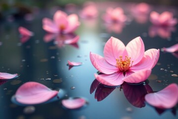 Delicate abstract pink sakura petals gently floating in a serene water scene , water, soft