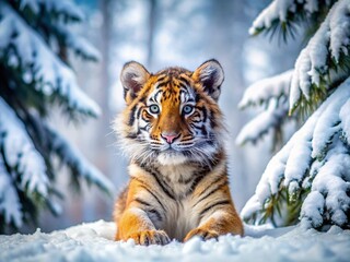 Obraz premium Adorable Siberian Tiger Cub Playing in Snowy Winter Wonderland - Stock Photo