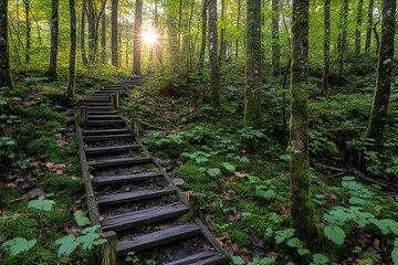 Obraz premium Sunlit Forest Staircase Path Mossy Trees Nature Walk