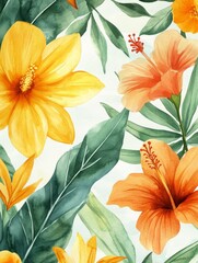 Vibrant Watercolor Floral Pattern with Tropical Hibiscus and Lush Leaves for a Fresh and Exotic Botanical Design