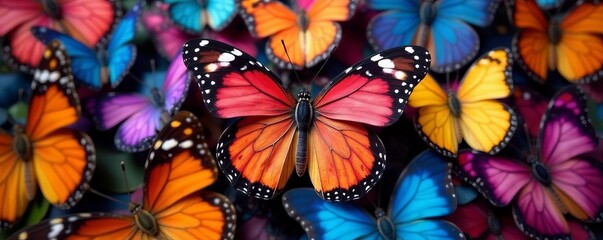 Close-up view of vibrant butterflies grouped together in a harmonious composition, tropical, fly, texture