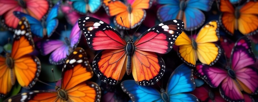 Close-up view of vibrant butterflies grouped together in a harmonious composition, tropical, fly, texture