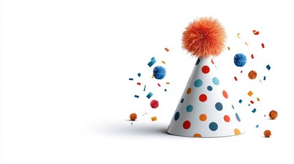 Obraz premium Colorful party hat with a pom-pom and confetti, perfect for celebrations and festive occasions.