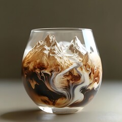 Iced Coffee with Dreamy Swirling Patterns Resembling Majestic Mountains. Ideal for use in editorial content, advertisements, social media, and digital marketing campaigns.