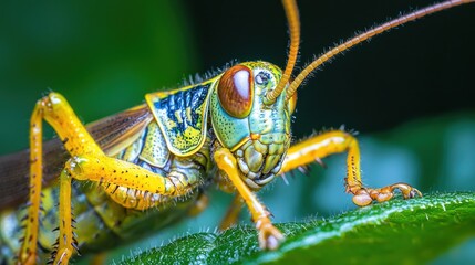 A close up macro photograph of a colorful grasshopper