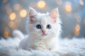 Adorable White Kitten with Blue Eyes Relaxing in Cozy Bed &ndash; Stock Photo