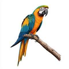 Colorful macaw perched on a branch, showcasing vibrant blue and yellow feathers in a stunning natural pose.
