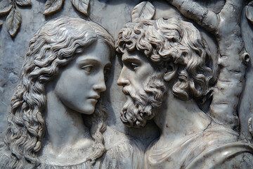 Naklejka premium Eve offers the apple to Adam. The Old Testament story of the fall of man. Fragment of a marble statue.