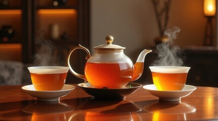 Fototapeta premium Enjoying traditional Chinese tea in a cozy setting with steaming cups and a teapot