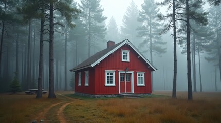 Traditional Swedish red house nestled in a misty forest at dawn