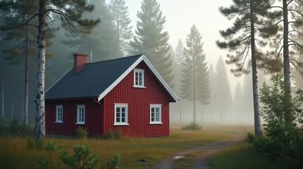 Traditional Swedish red house nestled in tranquil forest with morning mist