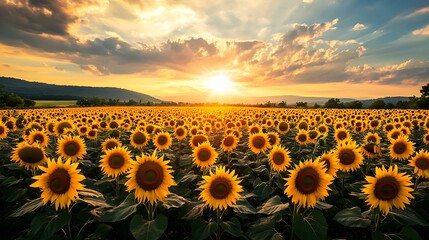 Obraz premium Sunflower field at sunset. Beautiful summer landscape with sunflowers.