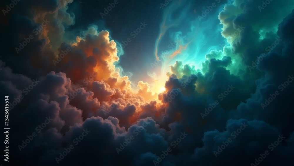 Poster a stunning view of colorful clouds with different hues like orange, blue and green. the bright sunli