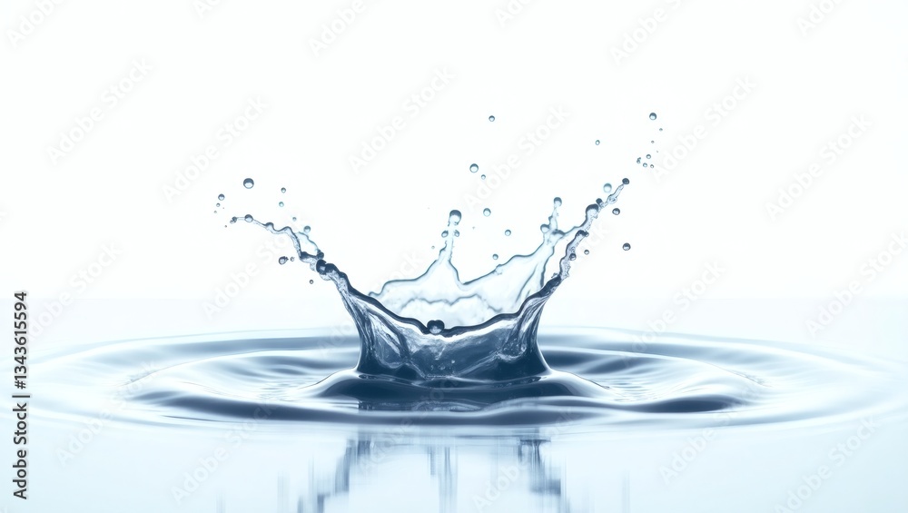 Poster a single water drop hitting the water surface creating a dynamic crown shape. the water creates a be