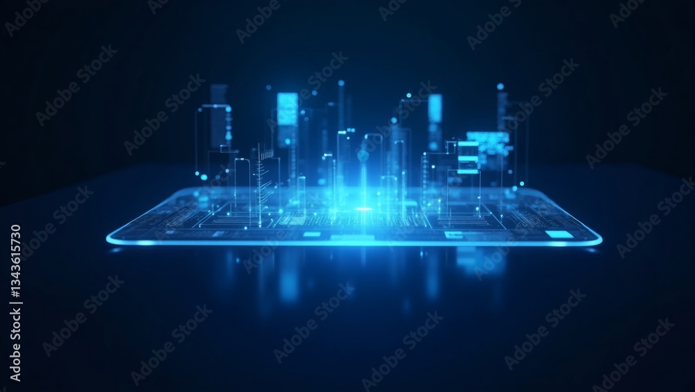 Poster futuristic smart city emerging from a tablet, glowing with digital data and network connections. sho