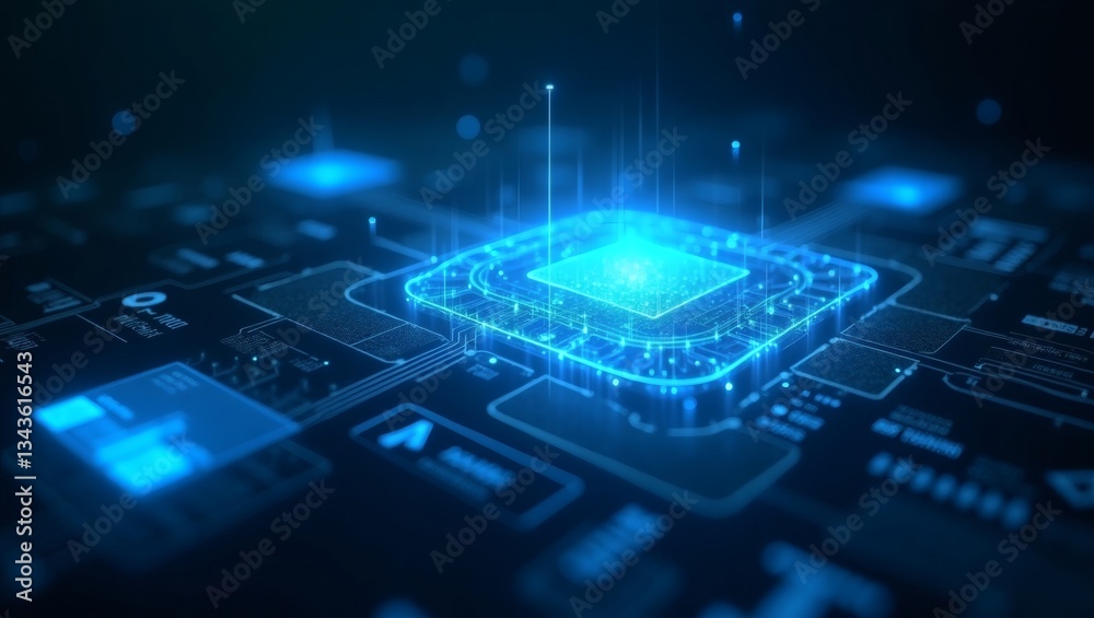 Poster a glowing computer processor on a circuit board, with data flowing through it, illuminated in shades of blue