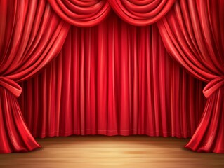 Fototapeta premium Opulent Red Stage Curtain: A Classic Theatrical Backdrop for Performance and Elegant Event Presentations, with Polished Wooden Floor