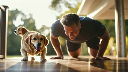 Man doing push-ups on a porch with dog nudging him