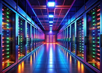 Fototapeta premium Advanced Cloud Servers: Dark Data Center with Illuminated Data Signal Lights - Cutting-Edge Digital Information Management and Hosting