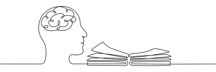 Open book and head with brain continuous line drawing. Study process concept. Wisdom symbol. Vector illustration isolated on white.