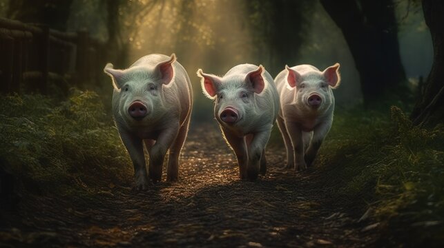 Three pigs walking on a forest path with sunlight filtering through the trees. - Powered by Adobe