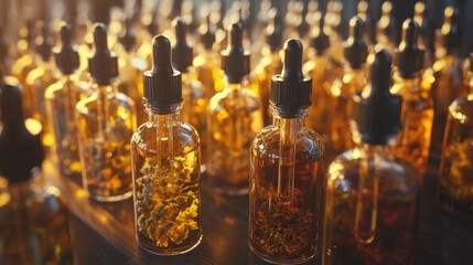Variety of herbal tinctures in glass dropper bottles illuminated by soft light, showcasing golden and amber colors and natural ingredients inside