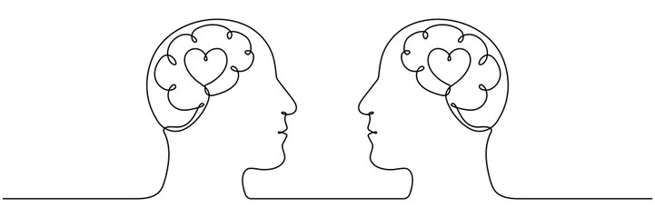 Two heads with heart shape inside continuous line drawing. Falling in love concept. Vector illustration isolated on white.