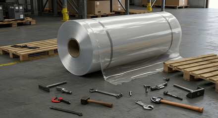 Transparent plastic film roll in a warehouse setting, perfect for packaging and manufacturing applications
