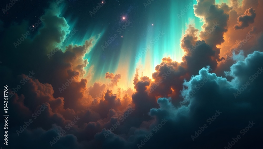Aufkleber an imaginative view of the auroras light illuminating the clouds, night sky and stars