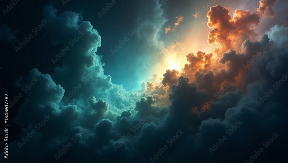Poster a dramatic view of a swirling cloudscape with colorful sunlight peering through the clouds