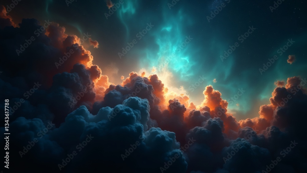 Poster a majestic display of colorful clouds and glowing lights in the sky, creates a stunning visual exper