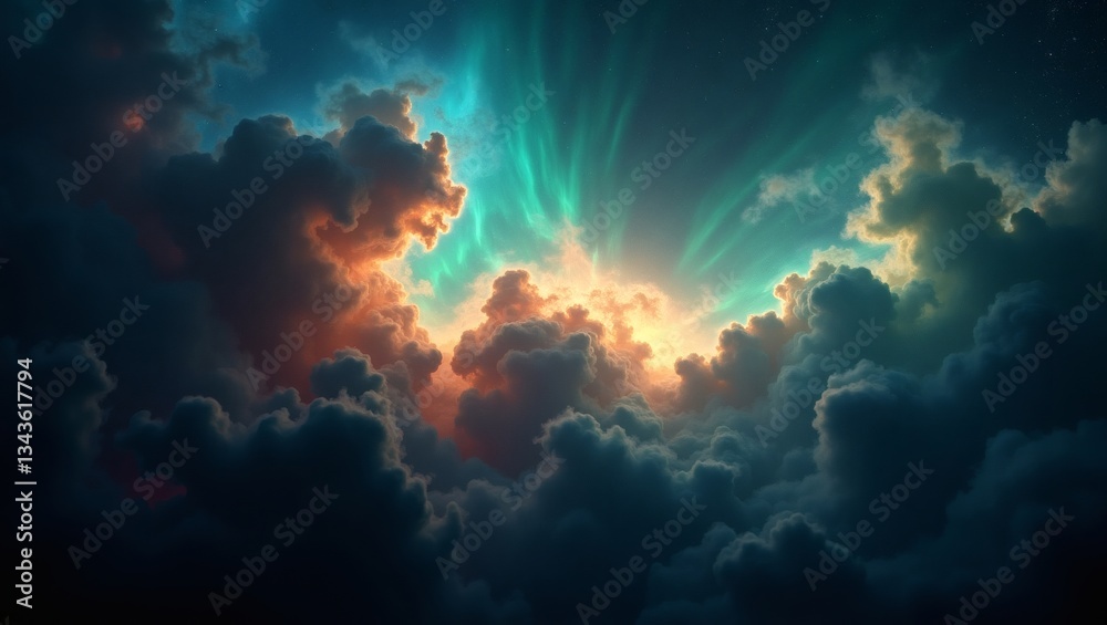 Poster an ethereal display of colorful clouds. vivid orange and teal hues illuminate the dark and fluffy cl
