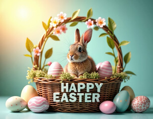 AI generation of small cute hare in the basket with decorated eggs among spring flowers