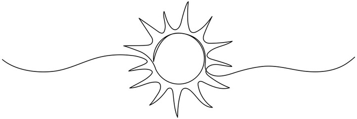 Sun continuous line art drawn. Summer sun contour line symbol. Vector illustration isolated on white.